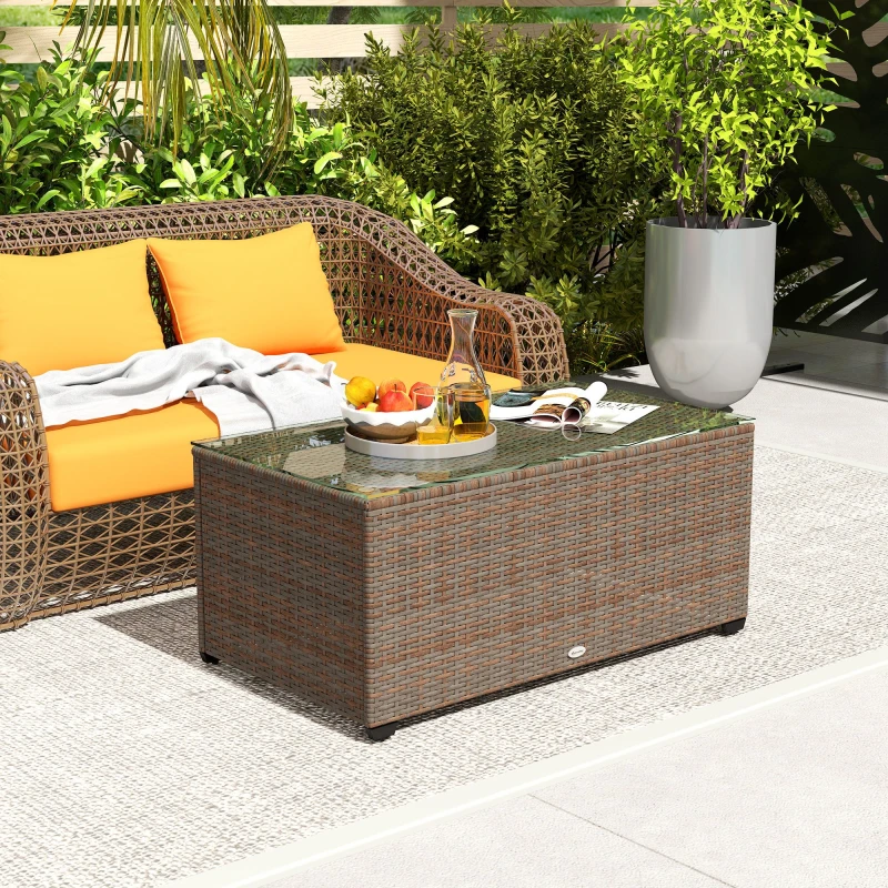 Image of Outsunny Outdoor Coffee Table, Glass Top Rattan Side Table, Brown Brown