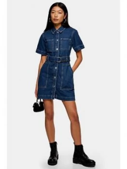 Image of Topshop Denim Patch Pocket Shirt Dress - Blue, Mid Demin, Size 6, Women