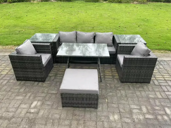Image of Fimous 5 Seater Outdoor Dark Grey Rattan Lounge Complete Sofa Set with Oblong Dining Table and Big Footstool