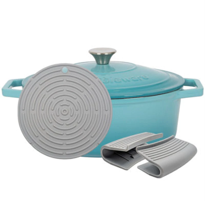 Image of Argon Tableware Oval Cast Iron Casserole Dish - 4.68L Teal Enamel Finish, Oven Safe Dutch Oven Cookware With Lid