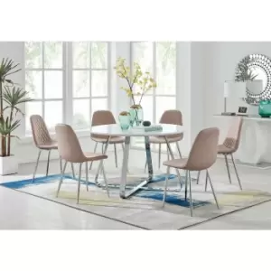 Image of Santorini White Round Dining Table And 6 Cappuccino Corona Faux Leather Dining Chairs with Silver Legs Diamond Stitch - Cappuccino