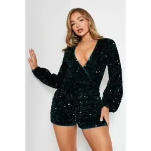 Image of I Saw It First Sequin Velvet Wrap Front Playsuit - Green