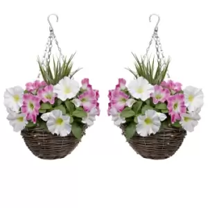 Image of GreenBrokers Artificial Pink and White Petunias Round Rattan Hanging Plant Baskets 2 Pack