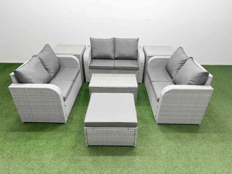 Image of Fimous 7 Seater PE Wicker Rattan Furniture Sofa Sets with Rectangular Coffee Table 2 Seater Love Sofa Big Footstool 2 Side Table Light Grey Light Grey