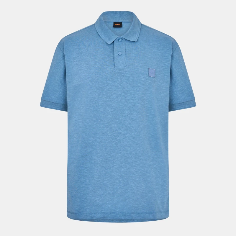 Image of Boss Mens Pe Linenlogo Short Sleeve Polo Shirt Open Blue male S