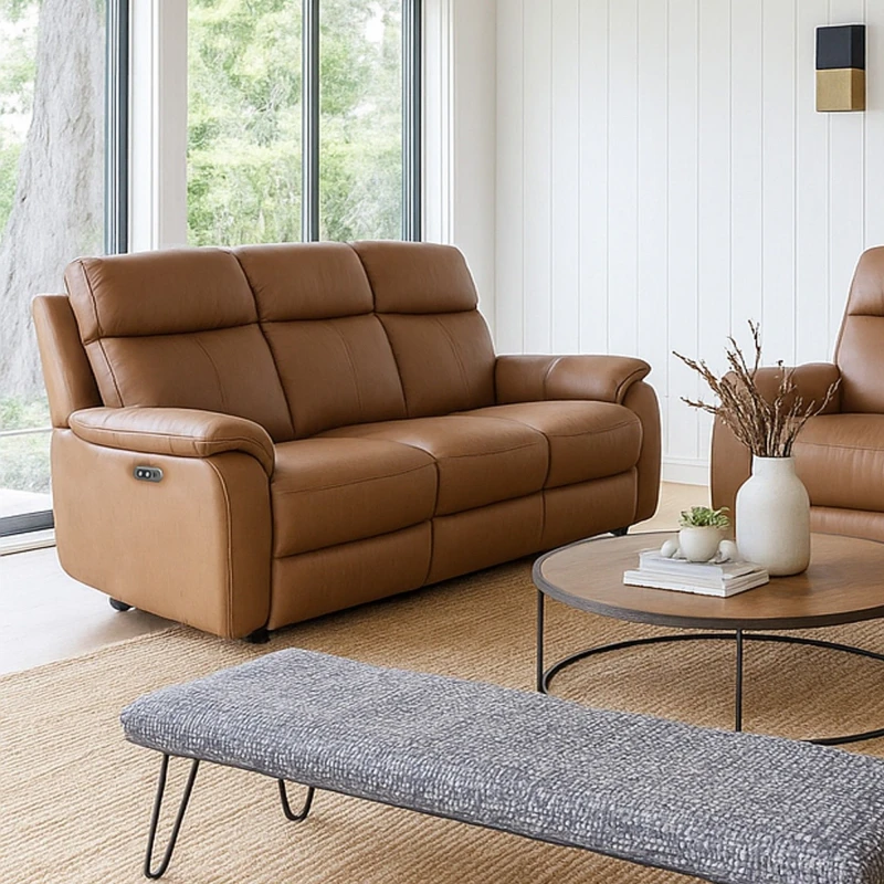 Image of Aspire Aspire Kingsmere 3 Seater Power Recliner Sofa in Real Leather in Tan Tan 3 Seater Unisex 5057632315212
