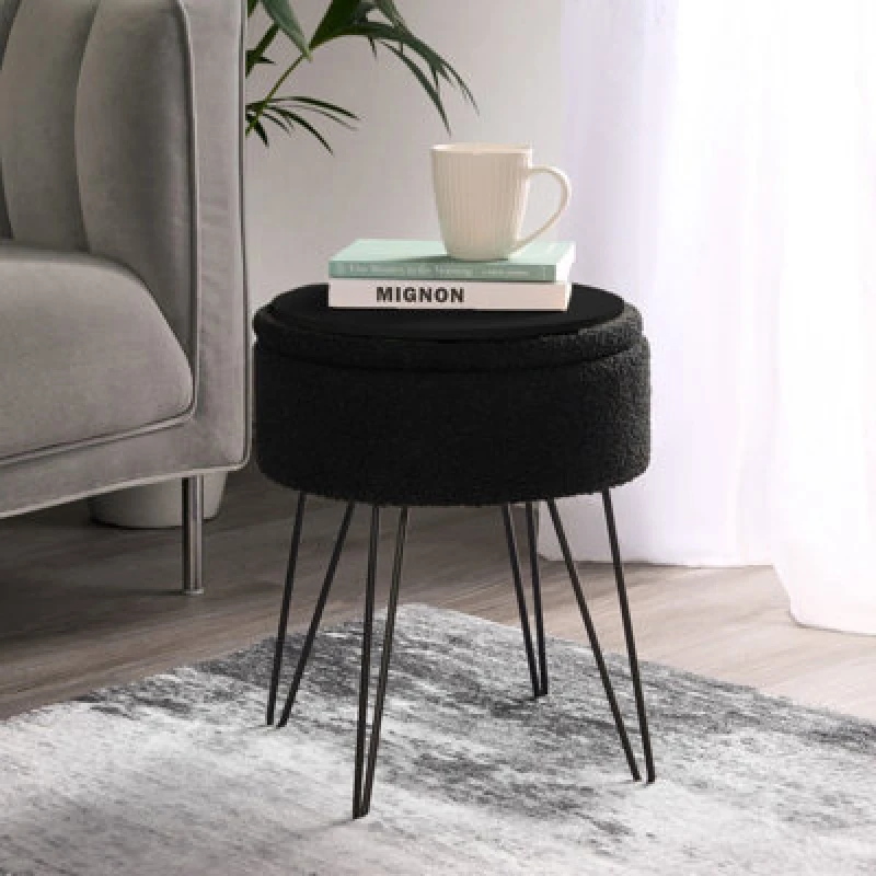 Image of OHS OHS Boucle Fleece Foot Stool Storage Seat Chair in Black One Size Unisex 5027434178148