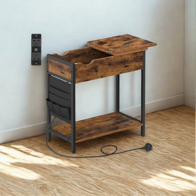 Image of Pirlo Plush Slim Smart Bedside End Table With Power & USB Outlets Rustic Brown Brown Unisex