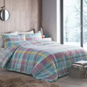Image of Applecross Check 100% Brushed Cotton Duvet Cover Set Blue/Pink/Yellow