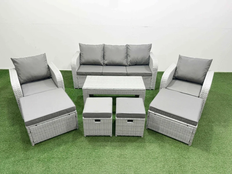Image of Fimous PE Wicker Rattan Furniture Sofa Set with Coffee Table 3 Seater Sofa in Light Grey Light Grey Unisex