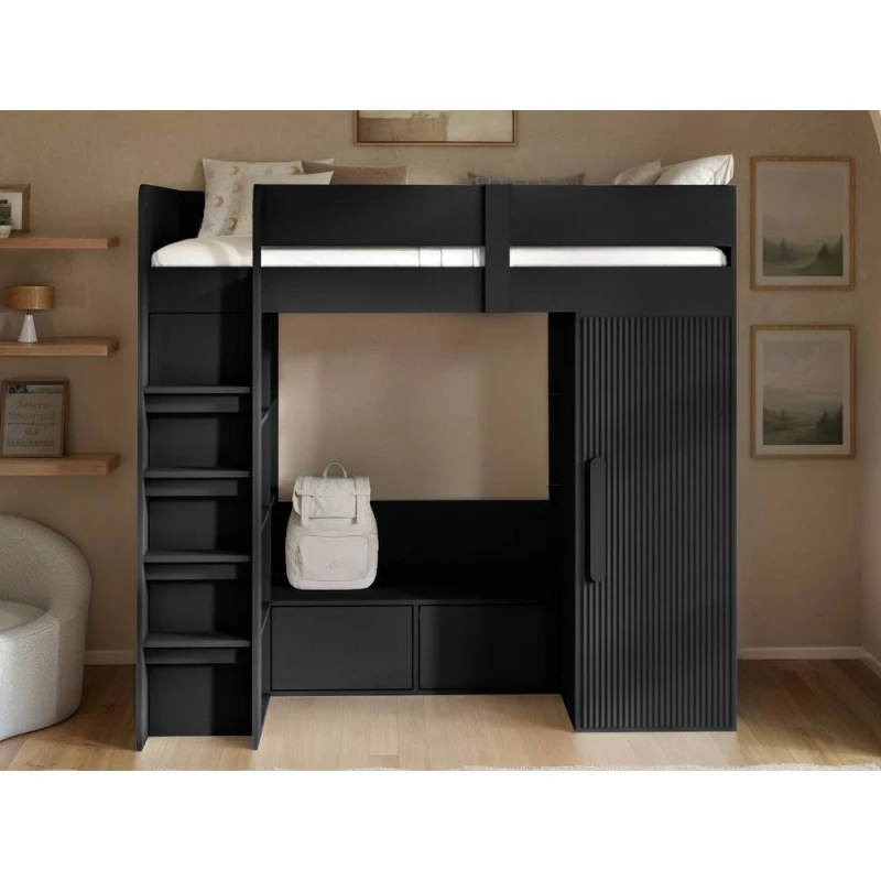Image of Flair Aspen Ribbed High Sleeper with Storage & Wardrobe in Black Size: Single Black Unisex Single
