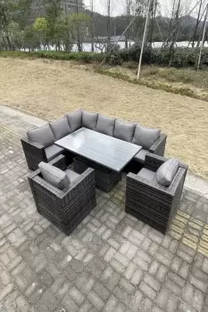 Image of Fimous 8 Seater Outdoor Dark Grey Rattan Lounge Complete Sofa Set with Adjustable Dining Table