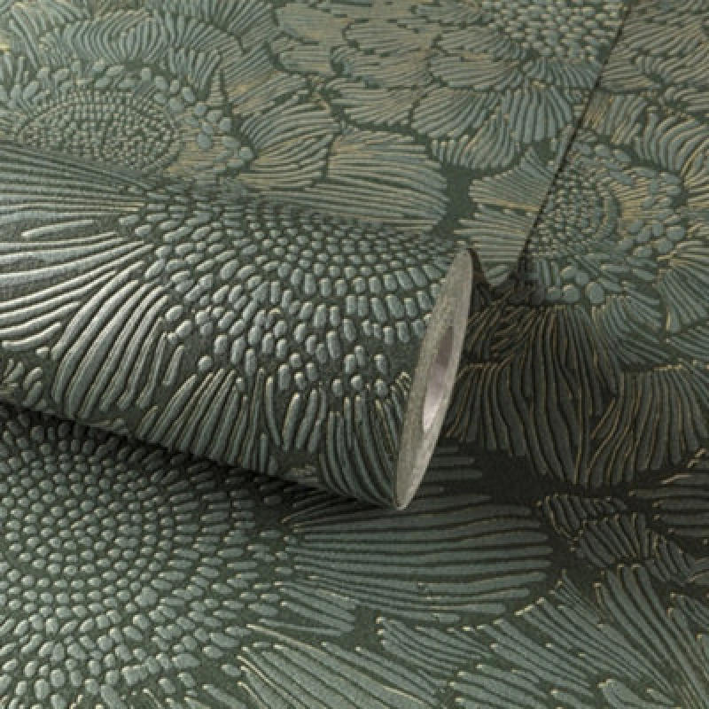 Image of Grandeco Flora All Over Modern Florals Blown Vinyl Wallpaper, Green