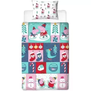 Image of Peppa Pig Reversible Snowman Christmas Duvet Cover Set (Single) (Multicoloured)