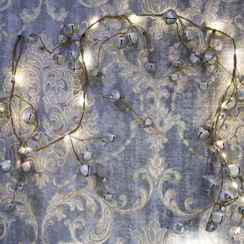 Image of Shatchi 150cm Pre-Lit Hanging Garland Decorations Silver Bells with 20 Warm White LEDs Silver