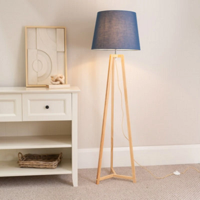 Image of ValueLights Lottie Natural Wood Tripod Floor Lamp with Fabric Tapered Shade and LED Bulb Blue