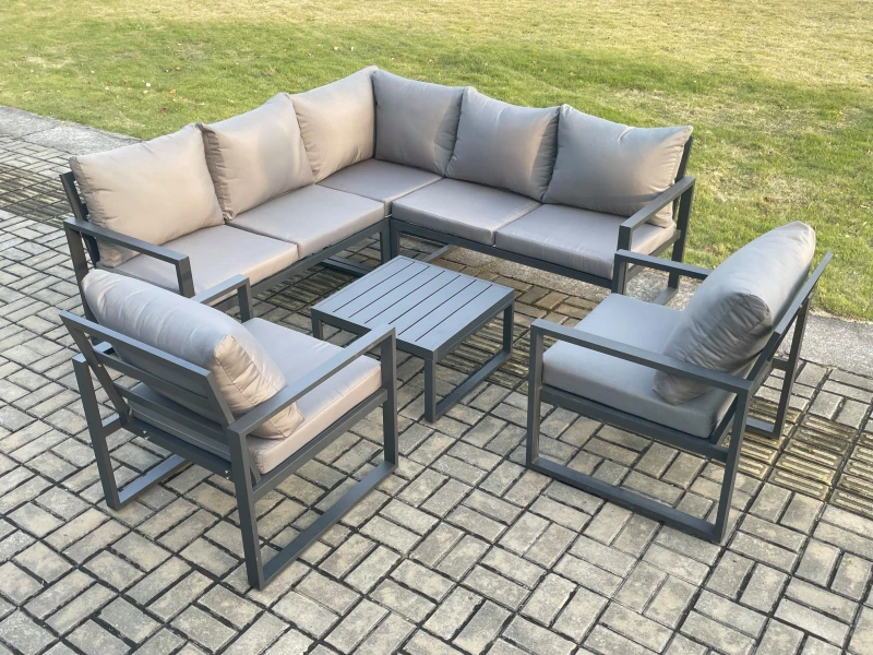 Image of Fimous Outdoor Garden Furniture Set Aluminium Lounge Sofa Square Coffee Table Sets with 2 Pcs Chair Indoor Conservatory Set Dark Grey Dark Grey Unisex
