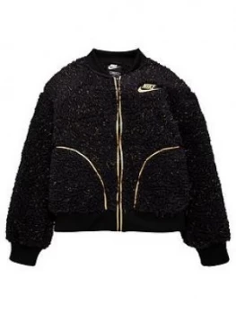 Image of Nike Girls Nsw Sherpa Shine Full Zip Bomber Jacket - Black Gold