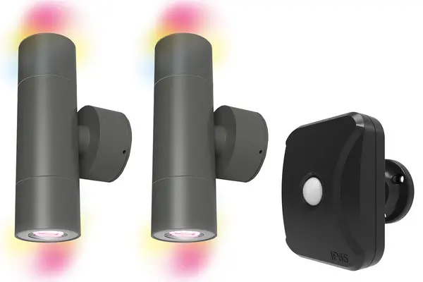 Image of 4lite 4lite WiZ Connected WiFi LED GU10 IP44 Outdoor Up & Downlight (Pack of 2 + Sensor) 4L2/2305x2+4L1/8037