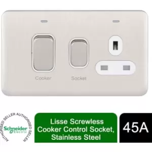 Image of Schneider Electric Lisse Screwless Deco - Switched Cooker Control Unit with 13A Single Power Socket, Neon Indicator, 45A, GGBL4001WSS, Stainless Steel