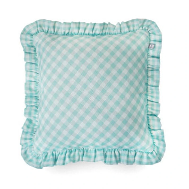 Image of rucomfy Beanbags Rucomfy Linen Look 45X45Cm Cushion - Turquoise Frilled Gingham Check Decorative Pillow