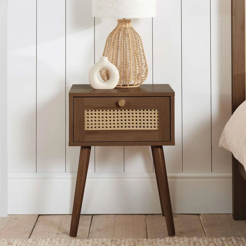 Image of Birlea Croxley Rattan and Walnut 1 Drawer Bedside Table