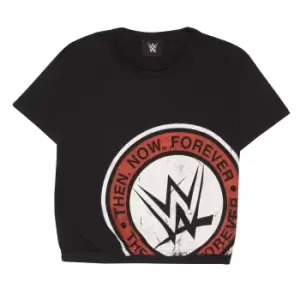 Image of WWE Womens/Ladies Then Now Forever Logo Crop T-Shirt (M) (Black)