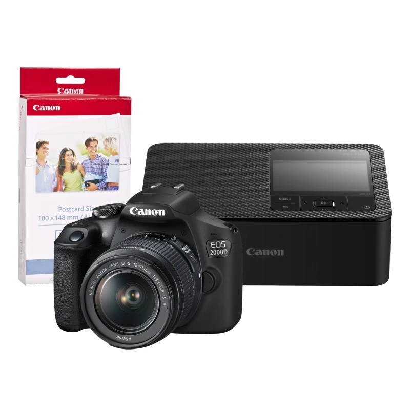 Image of Canon EOS 2000D Camera inc 18-55mm IS II Lens. CP1500 Printer and KP-3