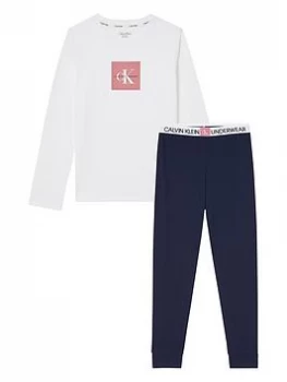 Image of Calvin Klein Girls Long Sleeve Knit Pj Set - Navy/white, Navy/White, Size 14-16 Years, Women