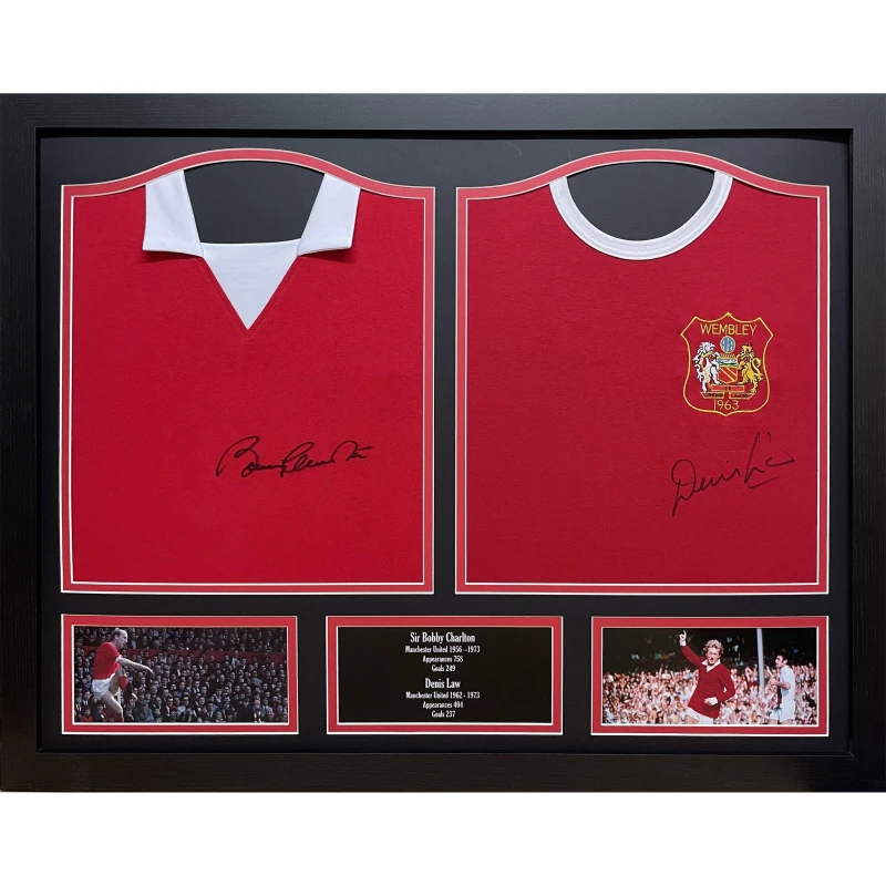 Image of AllStarSignings Ltd Sir Bobby Charlton and Denis Law signed Manchester Red unisex One Size