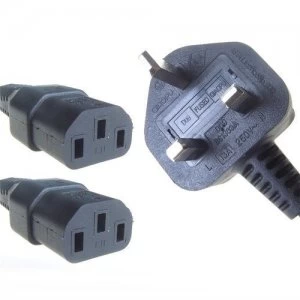 Image of Connekt Gear Black 10A UK Mains Plug Top to 2 x IEC C13 Female Dual Splitter Power Cable - 2 Meter
