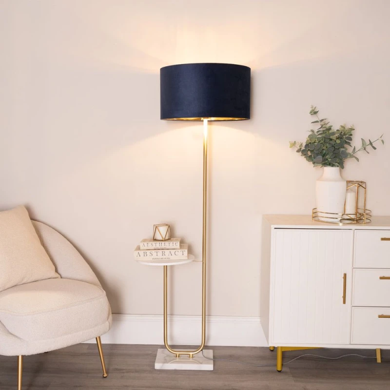 Image of ValueLights ValueLights Tavel Gold Floor Lamp with Table and Velvet Drum & Gold Inner Lamp Shade & Bulb in Dark Navy Dark Navy One Size Unisex 5059406