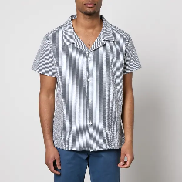 Image of BOSS Bodywear Beach Striped Seersucker Shirt - M Blue Shirts male 50508938-413 M