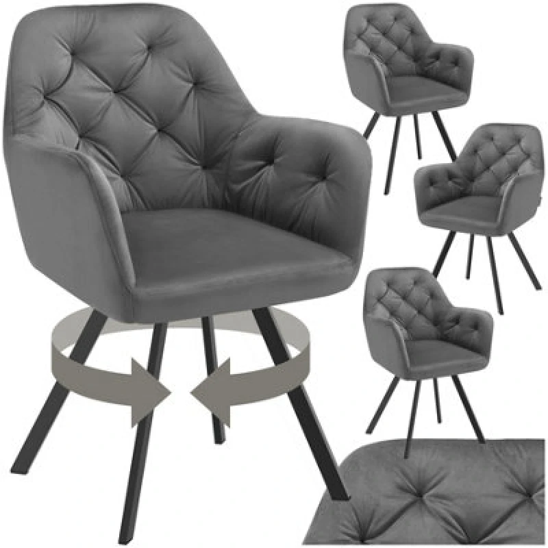Image of Tectake Set Of 4 Armchair Lucia - Padded, Quilted Pattern, 180 Degree Swivel Chair - Anthracite