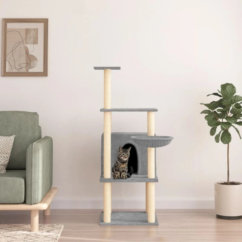 Image of vidaXL Cat Tree w/ Sisal Scratching Posts Light Grey 132cm, Grey 171727