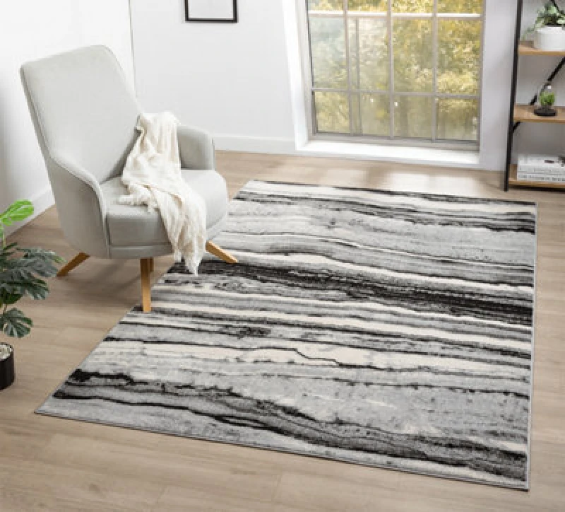 Image of Obsidian Modern Low Pile Area Rug - Coast Waves Abstract Design Grey 120Cm X 170Cm