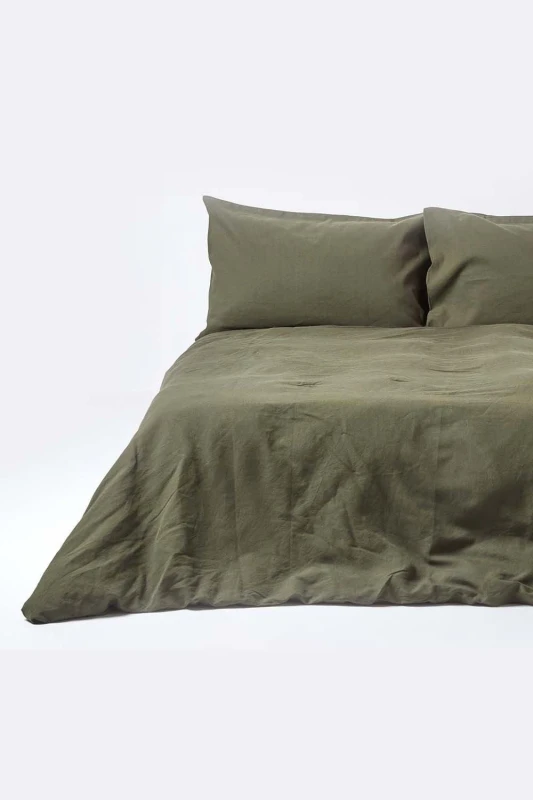 Image of Homescapes Khaki Green European Linen Duvet Cover Set, 150 X 200 Cm