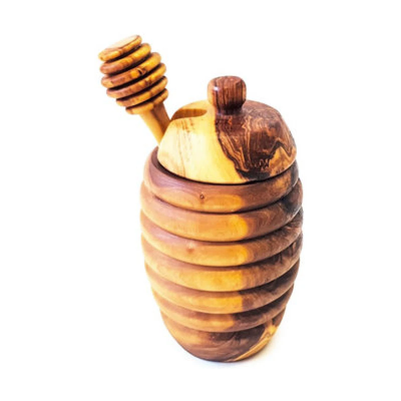 Image of Verano Spanish Ceramics Olive Wood Natural Grained Rustic Kitchen Dining Honey Drizzler & Pot w/ Lid (H) 12cm Natural unisex