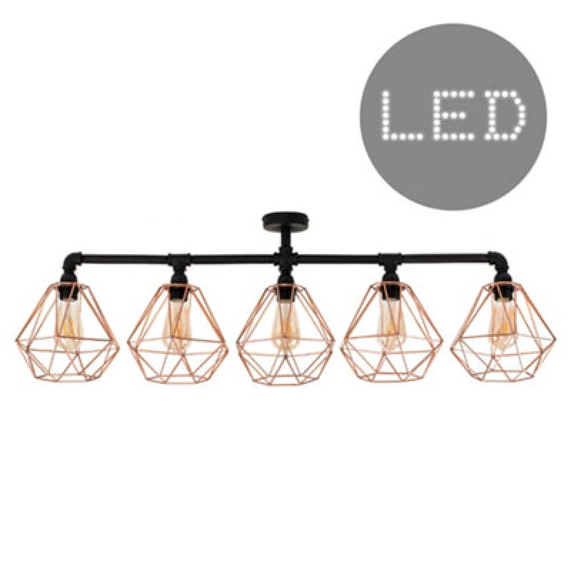 Image of ValueLights 5 Way Satin Black Pipework Bar Ceiling Light with Copper Basket Cage Shades - With LED Filament Bulbs In Warm White Black