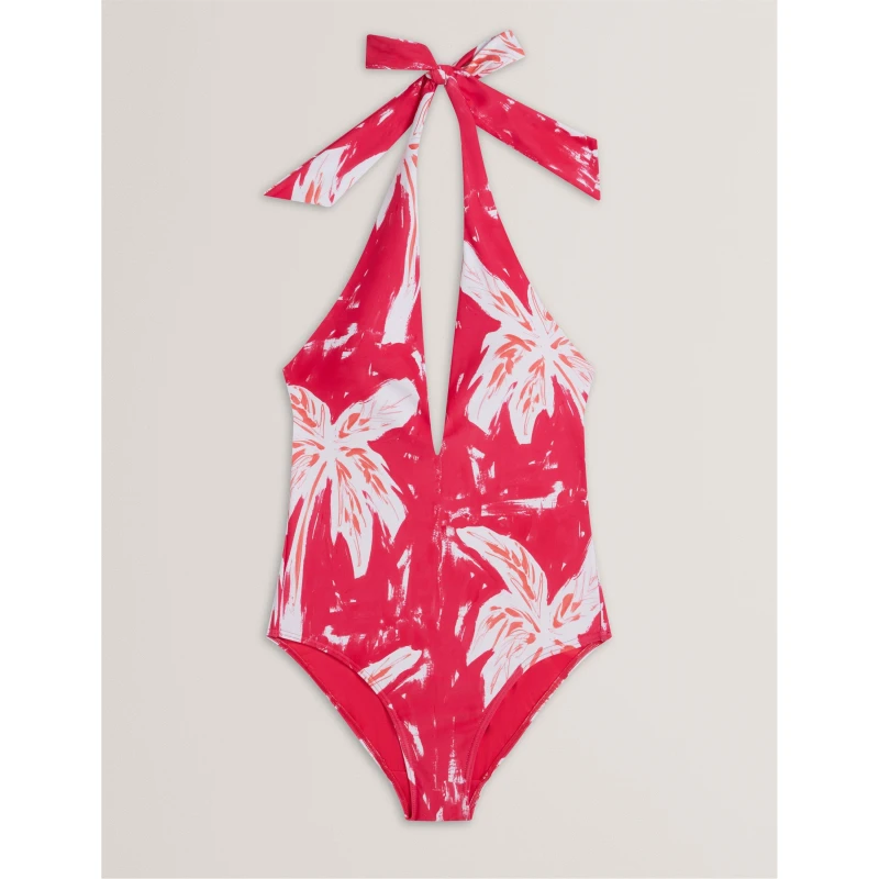 Image of Ted Baker Womens Print Plunge Swimsuit Fuchsia female 8 (XS)