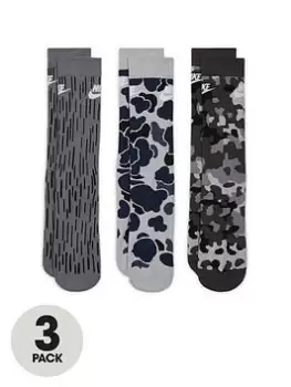 Image of Nike NSW Everyday Essential Camo Print 3 Pack Socks - Grey/Black, Grey/Black, Size S, Men