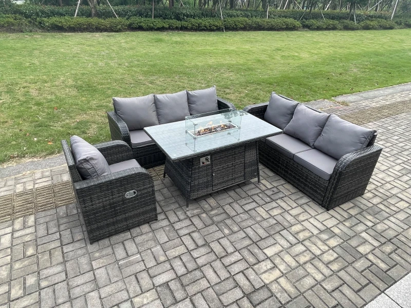 Image of Fimous Rattan Outdoor Furniture Gas Fire Pit Rectangle Dining Table Gas Heater Reclining Chair 3 Seater Sofa Sets 7 Seater Dark Grey