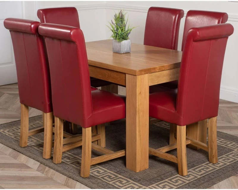 Image of Thats Furniture Dakot 127 x 82cm Oak Small Dining Table & 6 Washington Leather Chairs in Red Size: 127 x 82cm Red Unisex 127 x 82 cm