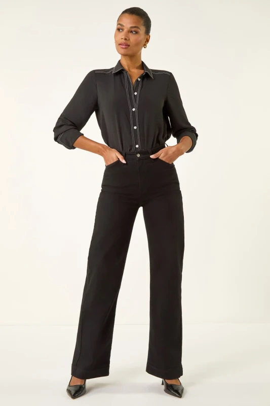 Image of Roman Cotton Blend Wide Leg Stretch Jeans Black