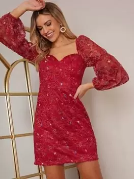 Image of Chi Chi London Long Sleeve Floral Lace Mini Dress, Berry, Size 10, Women
