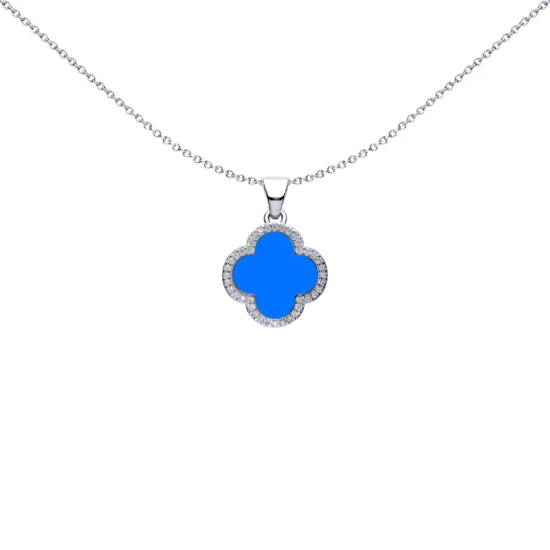 Image of Jewelco London Silver Blue Clover Agate CZ Halo Lucky Charm Pendant - APD235 Silver