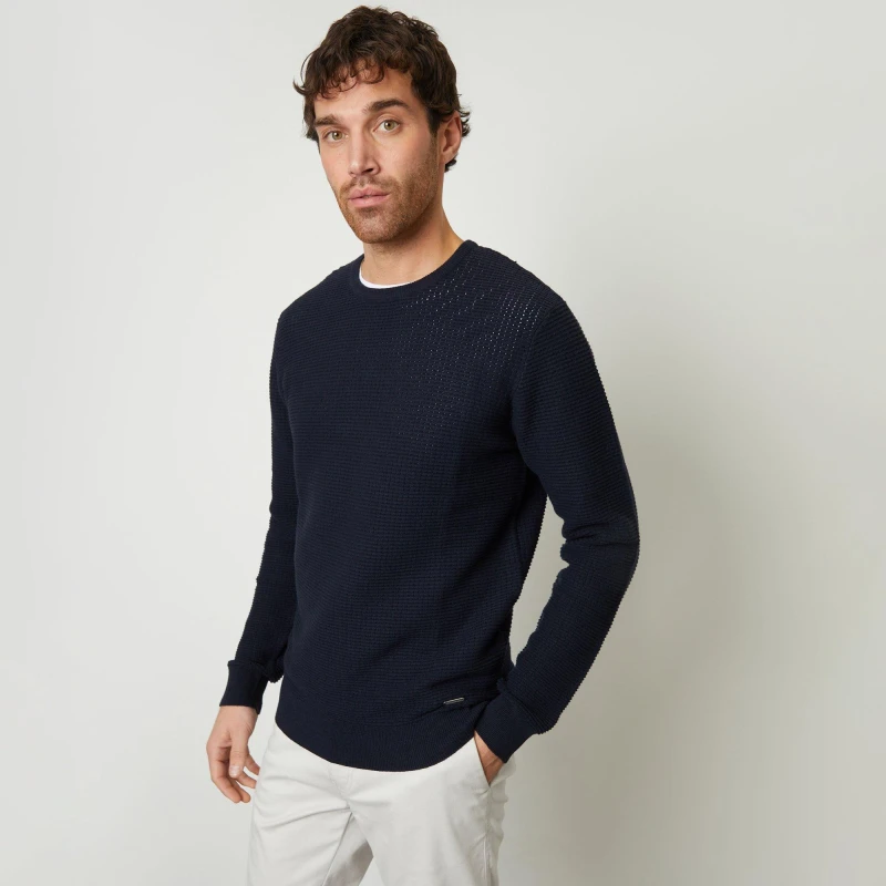 Image of Threadbare Crochet Knit Crew Neck Jumper Navy