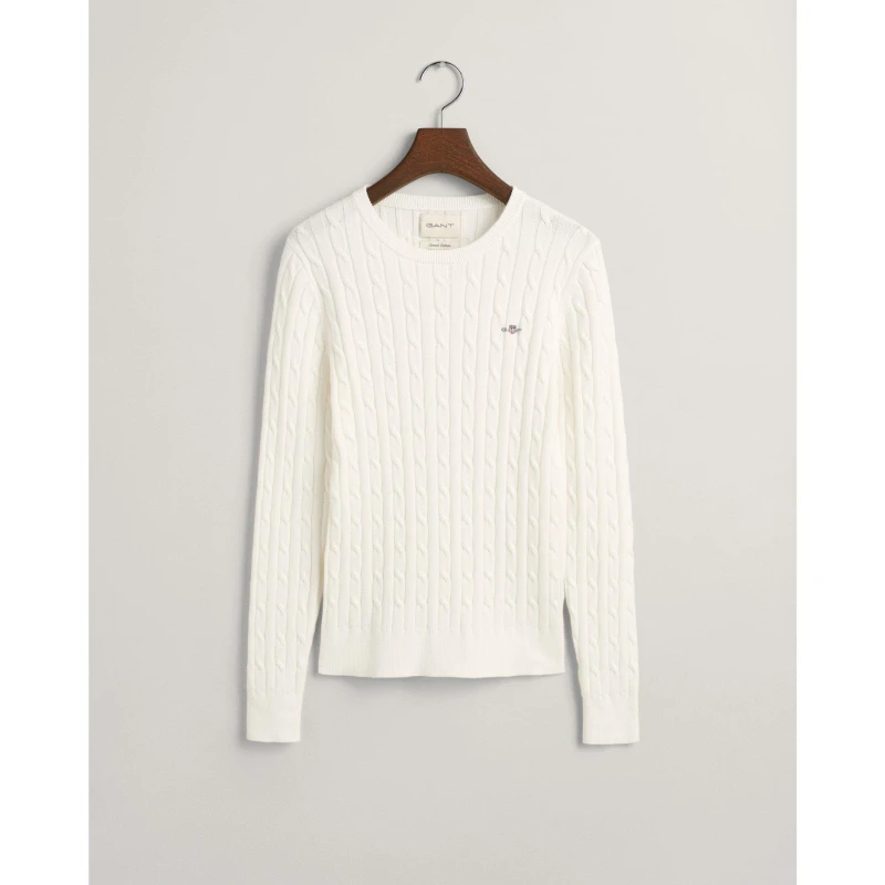 Image of Gant Stretch Cotton Cable Knit Crew Neck Sweater - White White 8