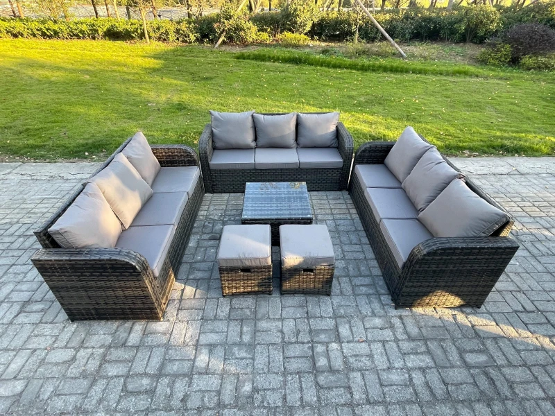 Image of Fimous 11 Seater Rattan Outdoor Furniture Set Patio Garden Sofa Set with Square Coffee Table 3 Seater Sofa Dark Grey Mixed Dark Grey