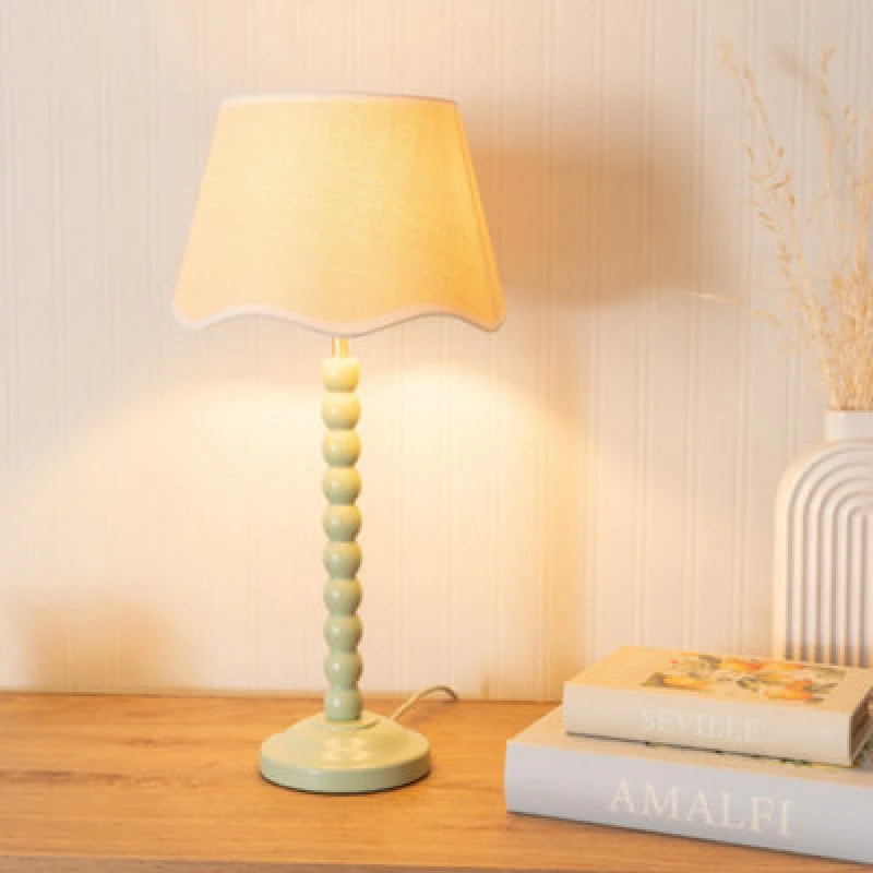 Image of ValueLights Bobbins Sage Green Table Lamp with Linen Scallop White Trim Shade Pale Green